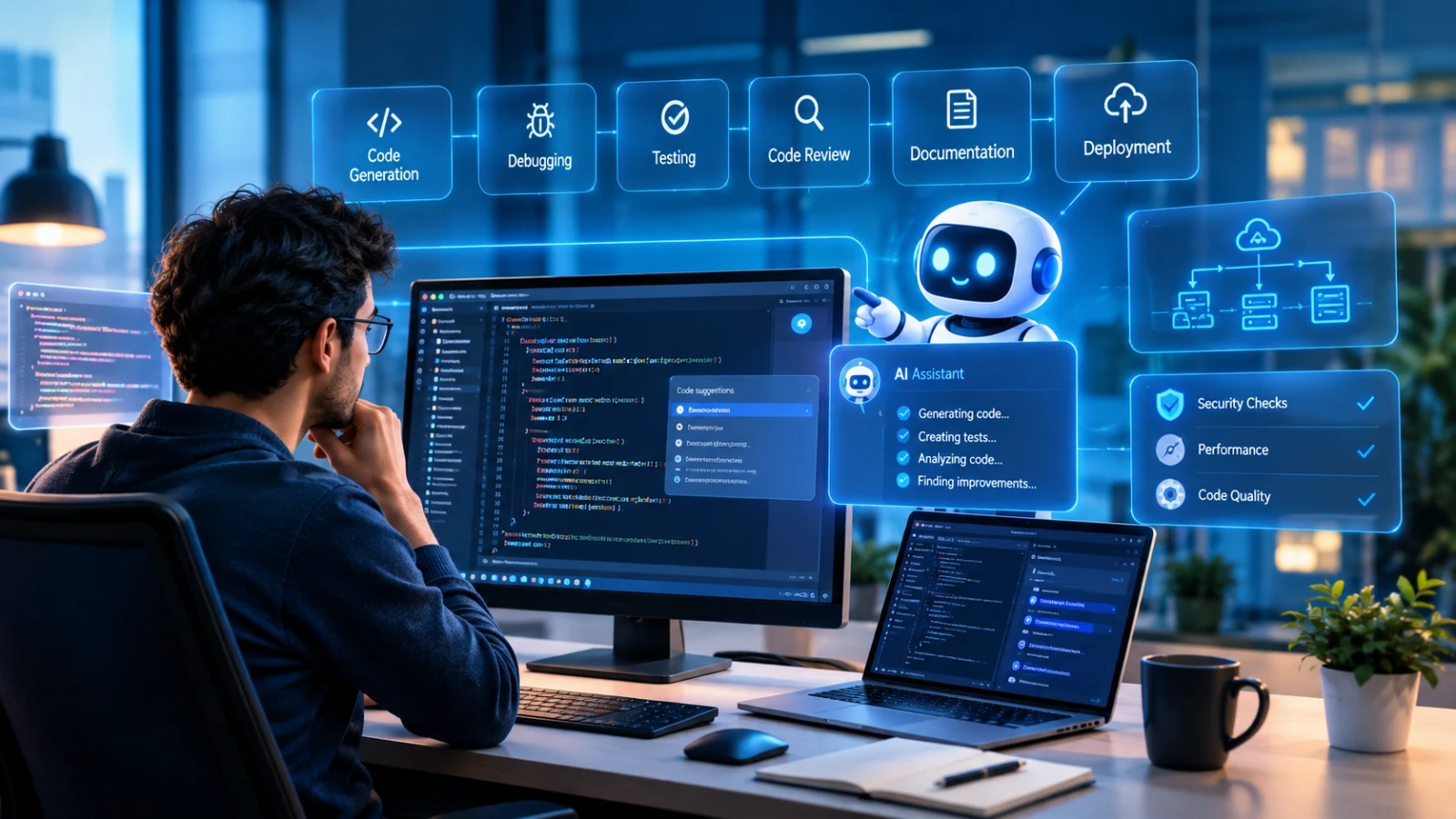 AI-powered software development with code generation, debugging, testing, code review, and deployment